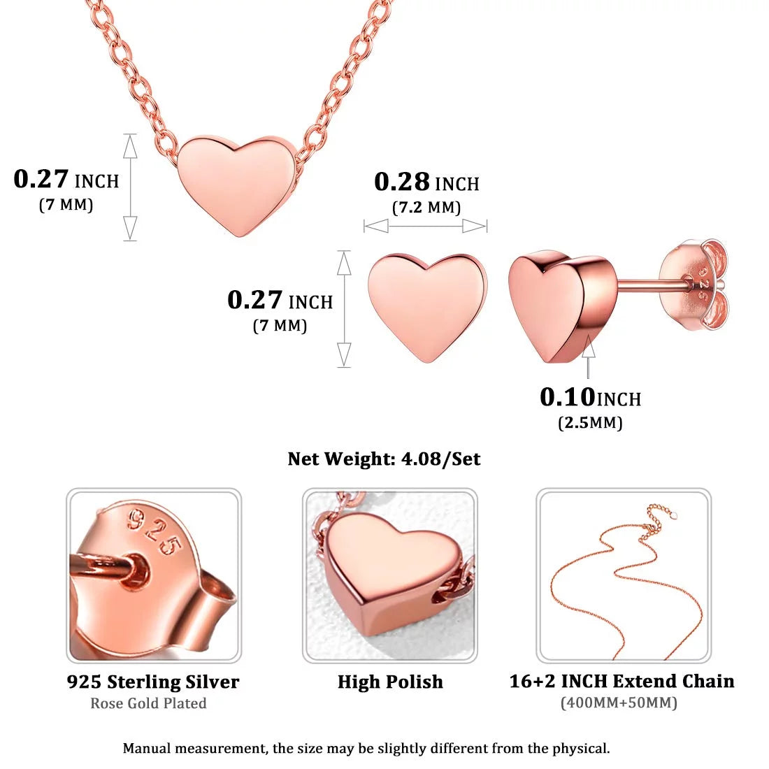 925 Sterling Silver Heart Necklace and Stud Earrings Sets for Women Jewelry Collection Birthday Gift - Rose Gold