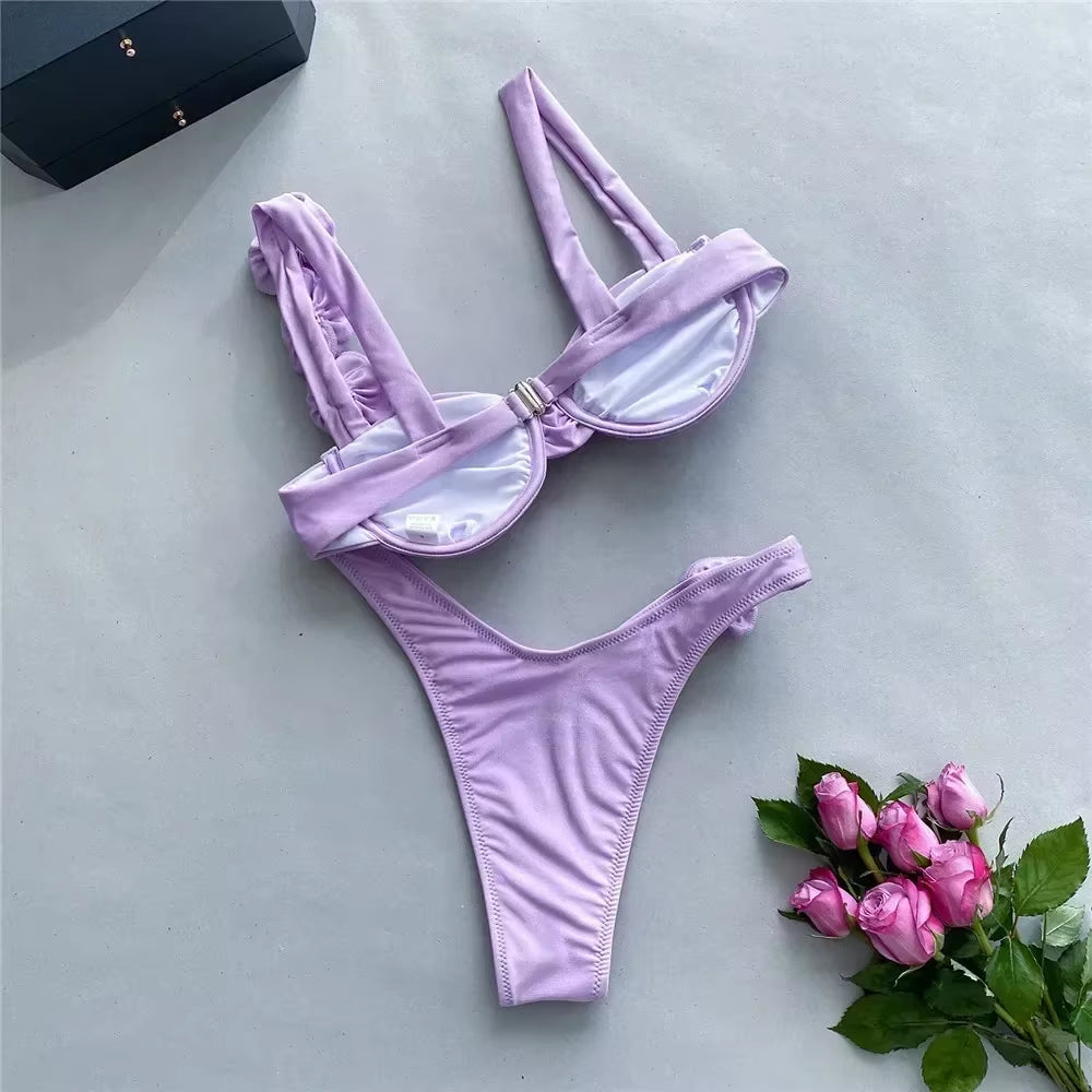 Sexy Flower Shiny Pink Push up Bikini 2024 Women Swimwear Underwired Swimsuit High Cut Bathing Suit Wrinkled Bikinis Set Biquini