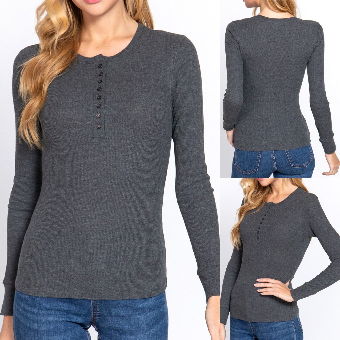 Womens Henley Warm Soft Thermal Top Button T-Shirt Waffle Knit Layering