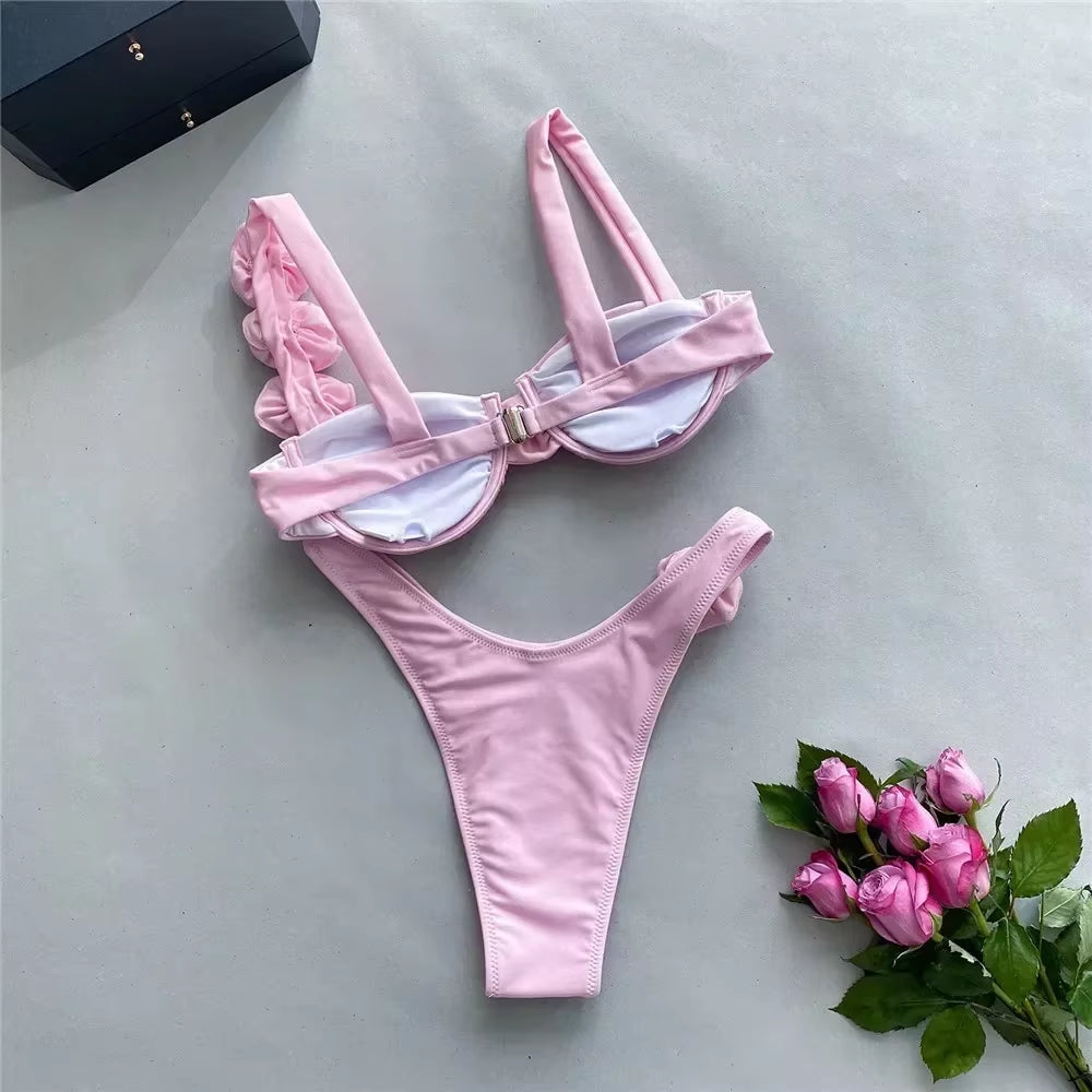 Sexy Flower Shiny Pink Push up Bikini 2024 Women Swimwear Underwired Swimsuit High Cut Bathing Suit Wrinkled Bikinis Set Biquini