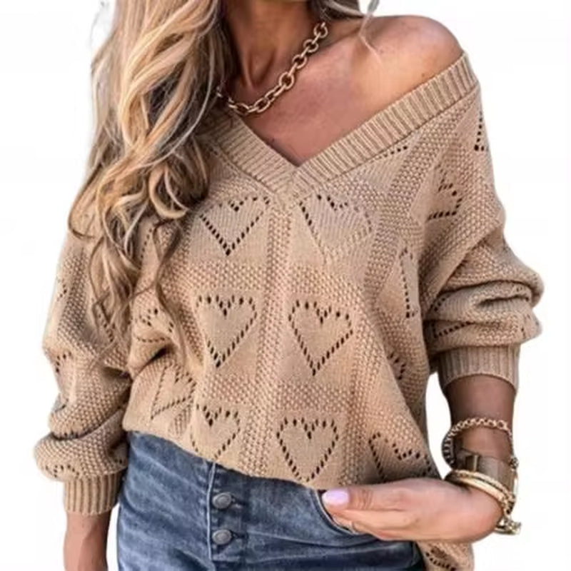 Hollow Crochet Sweater Women Autumn Winter Love Heart Loose Knitwear Women'S Clothing Кофта Женская Pull Femme 2023